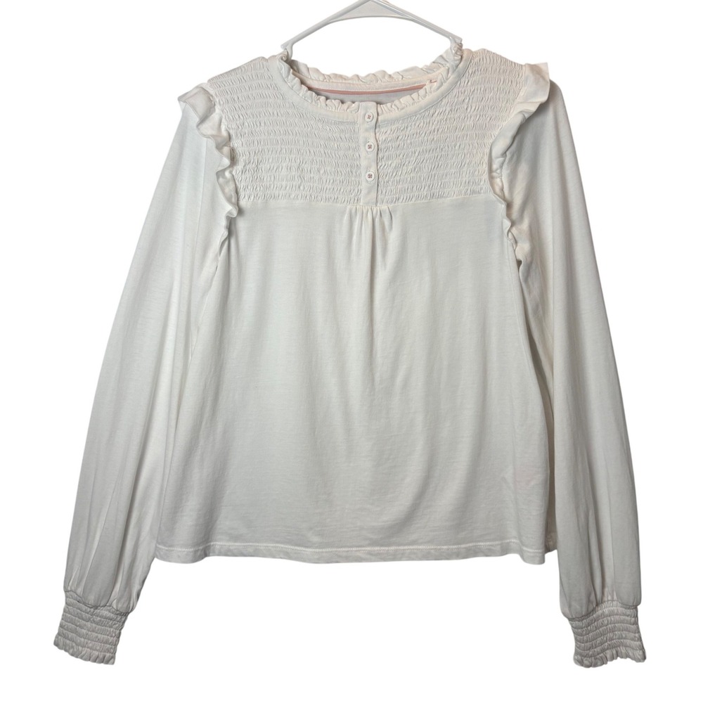 Boden Girls Ivory Smocked Ruffle Long Sleeve Henley Top Size 13-14Y